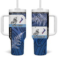 Personalised Cycling New Zealand Tumbler With Handle Aotearoa Map Fern Maori Pattern LT22 One Size: 40 oz Blue - Polynesian Pride