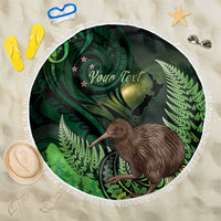 Kiwi New Zealand Personalised Beach Blanket Aotearoa Map Silver Fern Koru Pattern LT22 One Size 150cm Green - Polynesian Pride
