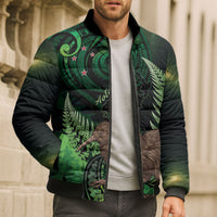 Kiwi New Zealand Personalised Bomber Puffer Jacket Aotearoa Map Silver Fern Koru Pattern LT22 - Polynesian Pride