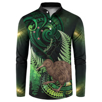 Kiwi New Zealand Personalised Button Sweatshirt Aotearoa Map Silver Fern Koru Pattern LT22 Green - Polynesian Pride