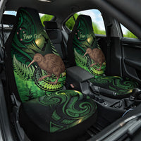 Kiwi New Zealand Personalised Car Seat Cover Aotearoa Map Silver Fern Koru Pattern LT22 One Size Green - Polynesian Pride