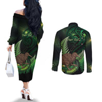 Kiwi New Zealand Personalised Couples Matching Off The Shoulder Long Sleeve Dress and Long Sleeve Button Shirt Aotearoa Map Silver Fern Koru Pattern