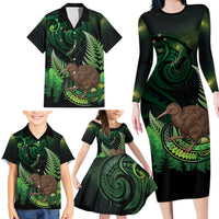 Kiwi New Zealand Personalised Family Matching Long Sleeve Bodycon Dress and Hawaiian Shirt Aotearoa Map Silver Fern Koru Pattern