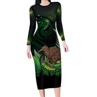 Kiwi New Zealand Personalised Family Matching Long Sleeve Bodycon Dress and Hawaiian Shirt Aotearoa Map Silver Fern Koru Pattern