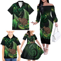 Kiwi New Zealand Personalised Family Matching Off The Shoulder Long Sleeve Dress and Hawaiian Shirt Aotearoa Map Silver Fern Koru Pattern