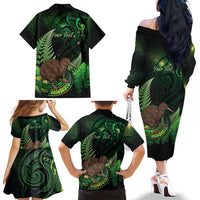 Kiwi New Zealand Personalised Family Matching Off The Shoulder Long Sleeve Dress and Hawaiian Shirt Aotearoa Map Silver Fern Koru Pattern