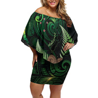 Kiwi New Zealand Personalised Family Matching Off Shoulder Short Dress and Hawaiian Shirt Aotearoa Map Silver Fern Koru Pattern