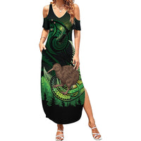 Kiwi New Zealand Personalised Family Matching Summer Maxi Dress and Hawaiian Shirt Aotearoa Map Silver Fern Koru Pattern
