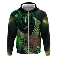Kiwi New Zealand Personalised Hoodie Aotearoa Map Silver Fern Koru Pattern LT22 Zip Hoodie Green - Polynesian Pride