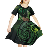 Kiwi New Zealand Personalised Kid Short Sleeve Dress Aotearoa Map Silver Fern Koru Pattern LT22 - Polynesian Pride