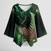 Kiwi New Zealand Personalised Kimono Sleeve Blouse Aotearoa Map Silver Fern Koru Pattern LT22 Female Green - Polynesian Pride