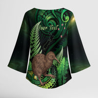Kiwi New Zealand Personalised Kimono Sleeve Blouse Aotearoa Map Silver Fern Koru Pattern LT22 - Polynesian Pride