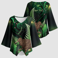 Kiwi New Zealand Personalised Kimono Sleeve Blouse Aotearoa Map Silver Fern Koru Pattern LT22 - Polynesian Pride