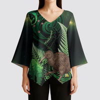Kiwi New Zealand Personalised Kimono Sleeve Blouse Aotearoa Map Silver Fern Koru Pattern LT22 - Polynesian Pride