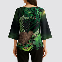 Kiwi New Zealand Personalised Kimono Sleeve Blouse Aotearoa Map Silver Fern Koru Pattern LT22 - Polynesian Pride
