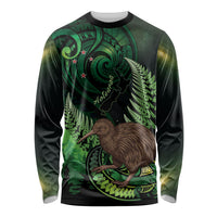 Kiwi New Zealand Personalised Long Sleeve Shirt Aotearoa Map Silver Fern Koru Pattern LT22 Unisex Green - Polynesian Pride