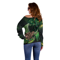Kiwi New Zealand Personalised Off Shoulder Sweater Aotearoa Map Silver Fern Koru Pattern LT22 - Polynesian Pride