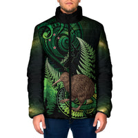 Kiwi New Zealand Personalised Padded Jacket Aotearoa Map Silver Fern Koru Pattern LT22 Men Green - Polynesian Pride