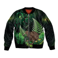 Kiwi New Zealand Personalised Sleeve Zip Bomber Jacket Aotearoa Map Silver Fern Koru Pattern LT22 Unisex Green - Polynesian Pride