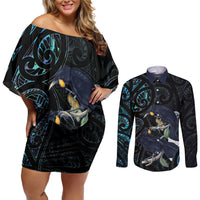 New Zealand Huia Bird Couples Matching Off Shoulder Short Dress and Long Sleeve Button Shirt Paua Shell Maori Pattern