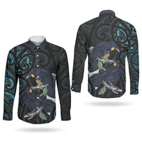 New Zealand Huia Bird Couples Matching Off Shoulder Short Dress and Long Sleeve Button Shirt Paua Shell Maori Pattern LT22 - Polynesian Pride