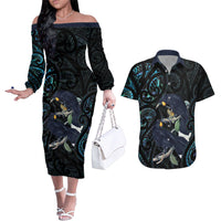 New Zealand Huia Bird Couples Matching Off The Shoulder Long Sleeve Dress and Hawaiian Shirt Paua Shell Maori Pattern