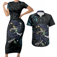 New Zealand Huia Bird Couples Matching Short Sleeve Bodycon Dress and Hawaiian Shirt Paua Shell Maori Pattern LT22 Black - Polynesian Pride