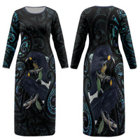 New Zealand Huia Bird Family Matching Long Sleeve Bodycon Dress and Hawaiian Shirt Paua Shell Maori Pattern LT22 Mom's Dress Black - Polynesian Pride