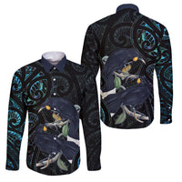 New Zealand Huia Bird Family Matching Long Sleeve Bodycon Dress and Hawaiian Shirt Paua Shell Maori Pattern LT22 Dad's Shirt - Long Sleeve Black - Polynesian Pride