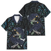 New Zealand Huia Bird Family Matching Mermaid Dress and Hawaiian Shirt Paua Shell Maori Pattern LT22 Dad's Shirt - Short Sleeve Black - Polynesian Pride