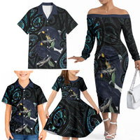 New Zealand Huia Bird Family Matching Off The Shoulder Long Sleeve Dress and Hawaiian Shirt Paua Shell Maori Pattern LT22 - Polynesian Pride