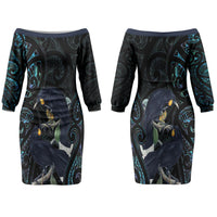 New Zealand Huia Bird Family Matching Off The Shoulder Long Sleeve Dress and Hawaiian Shirt Paua Shell Maori Pattern LT22 Mom's Dress Black - Polynesian Pride