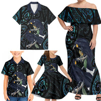 New Zealand Huia Bird Family Matching Off Shoulder Maxi Dress and Hawaiian Shirt Paua Shell Maori Pattern LT22 - Polynesian Pride