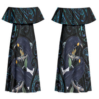 New Zealand Huia Bird Family Matching Off Shoulder Maxi Dress and Hawaiian Shirt Paua Shell Maori Pattern LT22 Mom's Dress Black - Polynesian Pride