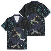 New Zealand Huia Bird Family Matching Off Shoulder Maxi Dress and Hawaiian Shirt Paua Shell Maori Pattern LT22 Dad's Shirt - Short Sleeve Black - Polynesian Pride