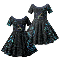 New Zealand Huia Bird Family Matching Off Shoulder Maxi Dress and Hawaiian Shirt Paua Shell Maori Pattern LT22 Daughter's Dress Black - Polynesian Pride