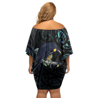 New Zealand Huia Bird Family Matching Off Shoulder Short Dress and Hawaiian Shirt Paua Shell Maori Pattern