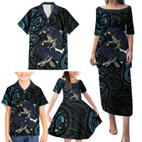 New Zealand Huia Bird Family Matching Puletasi and Hawaiian Shirt Paua Shell Maori Pattern