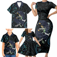 New Zealand Huia Bird Family Matching Short Sleeve Bodycon Dress and Hawaiian Shirt Paua Shell Maori Pattern LT22 - Polynesian Pride