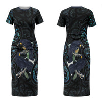 New Zealand Huia Bird Family Matching Short Sleeve Bodycon Dress and Hawaiian Shirt Paua Shell Maori Pattern LT22 Mom's Dress Black - Polynesian Pride