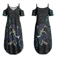 New Zealand Huia Bird Family Matching Summer Maxi Dress and Hawaiian Shirt Paua Shell Maori Pattern LT22 Mom's Dress Black - Polynesian Pride