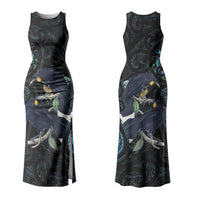 New Zealand Huia Bird Family Matching Tank Maxi Dress and Hawaiian Shirt Paua Shell Maori Pattern LT22 Mom's Dress Black - Polynesian Pride