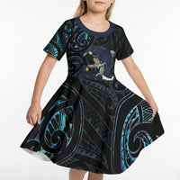 New Zealand Huia Bird Kid Short Sleeve Dress Paua Shell Maori Pattern LT22 - Polynesian Pride
