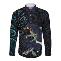 New Zealand Huia Bird Long Sleeve Button Shirt Paua Shell Maori Pattern