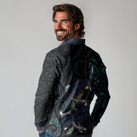 New Zealand Huia Bird Long Sleeve Polo Shirt Paua Shell Maori Pattern