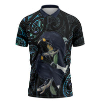 New Zealand Huia Bird Zipper Polo Shirt Paua Shell Maori Pattern