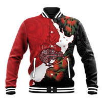 Kiwi New Zealand Personalised Baseball Jacket NZ Map Pohutukawa Fern Maori Pattern LT22 Unisex Red - Polynesian Pride