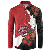 Kiwi New Zealand Personalised Button Sweatshirt NZ Map Pohutukawa Fern Maori Pattern LT22 Red - Polynesian Pride
