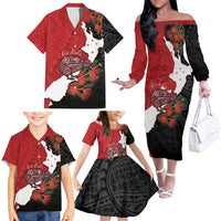 Kiwi New Zealand Personalised Family Matching Off The Shoulder Long Sleeve Dress and Hawaiian Shirt NZ Map Pohutukawa Fern Maori Pattern