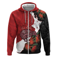 Kiwi New Zealand Personalised Hoodie NZ Map Pohutukawa Fern Maori Pattern LT22 Zip Hoodie Red - Polynesian Pride